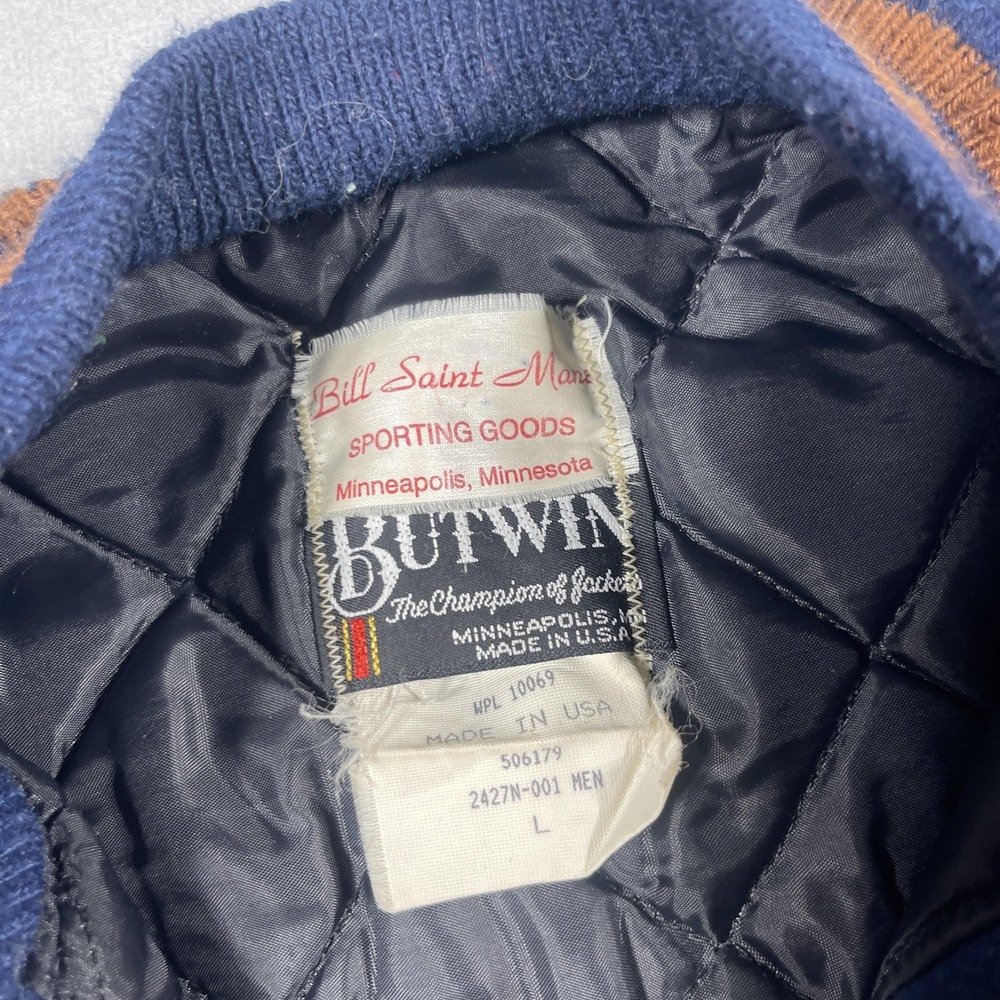 Butwin Varsity Jacket Men Large Regular Navy Blue Tan Leather Sleeve Vintage 90s - Picture 4 of 11